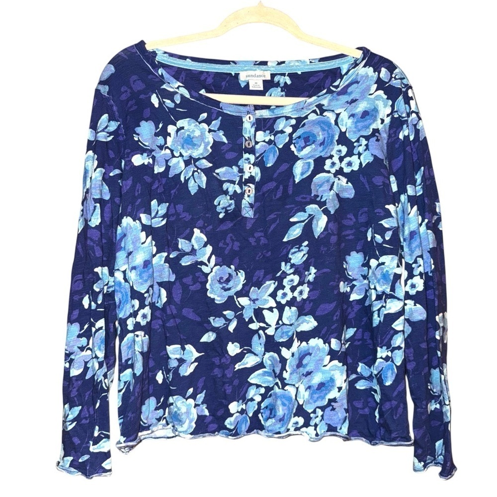 SUNDANCE Rosey Delights Henley Metallic Buttons Floral Top Blue Size Medium - Picture 2 of 15